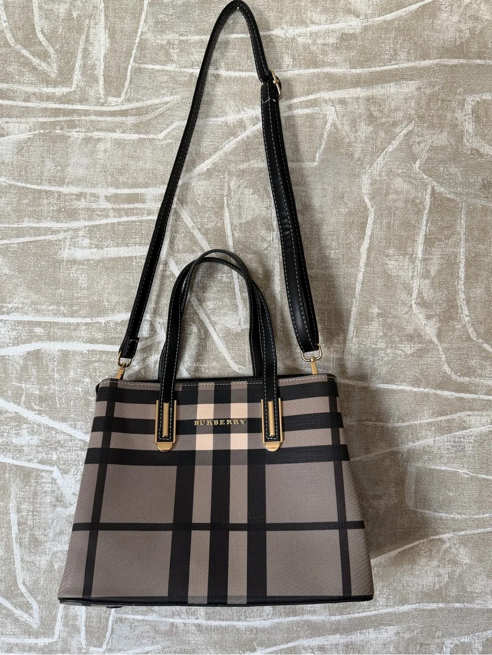 Burberry Taupe and Black Check Satchel with Gold Hardware